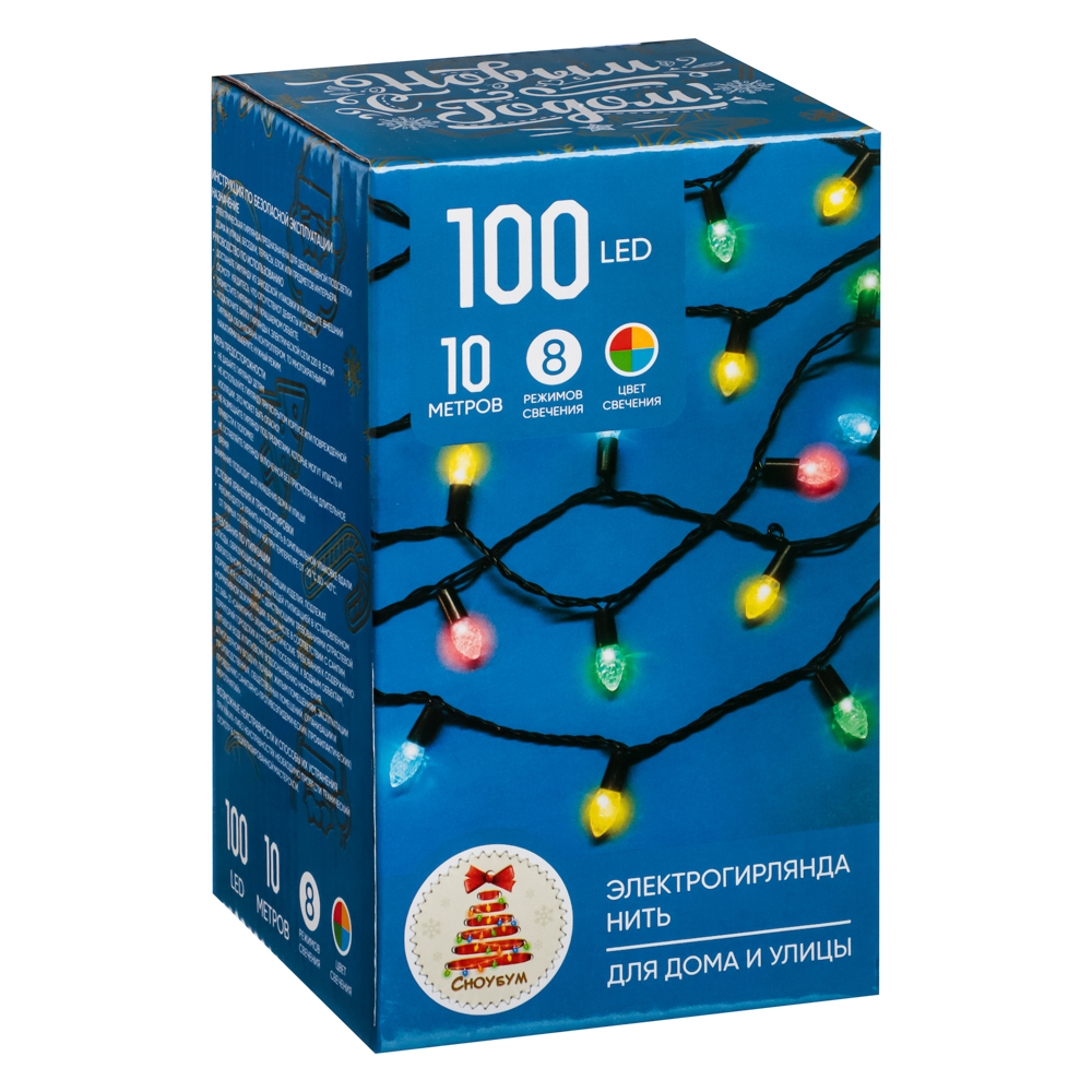 351-517 Гирлянда уличная нить с насадкой шишка 10 м СНОУ БУМ, 100 LED ламп, свечение мульти, ПВХ черный, 8 режимов, 220В