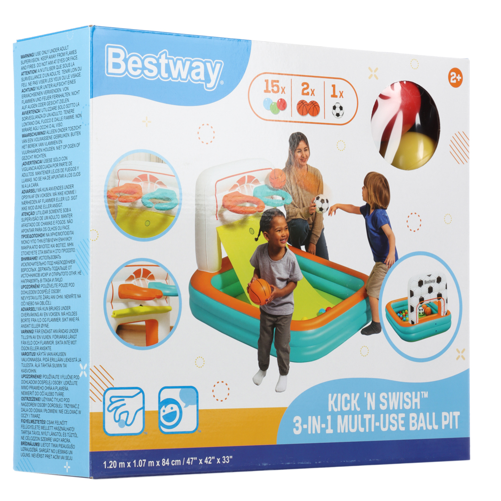 013-070 BESTWAY Многофункциональный манеж с мячиками 3-в-1 KICK 'N SWISH, 120x107x84 см, 52728