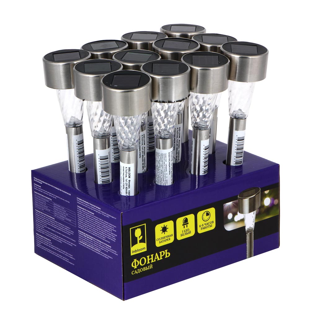 185-034 INBLOOM Фонарь садовый на солн. батарее 4.7х31см, 1x1.2V 40mAh NI-MH, 1LED*белый, пластик,нерж.сталь