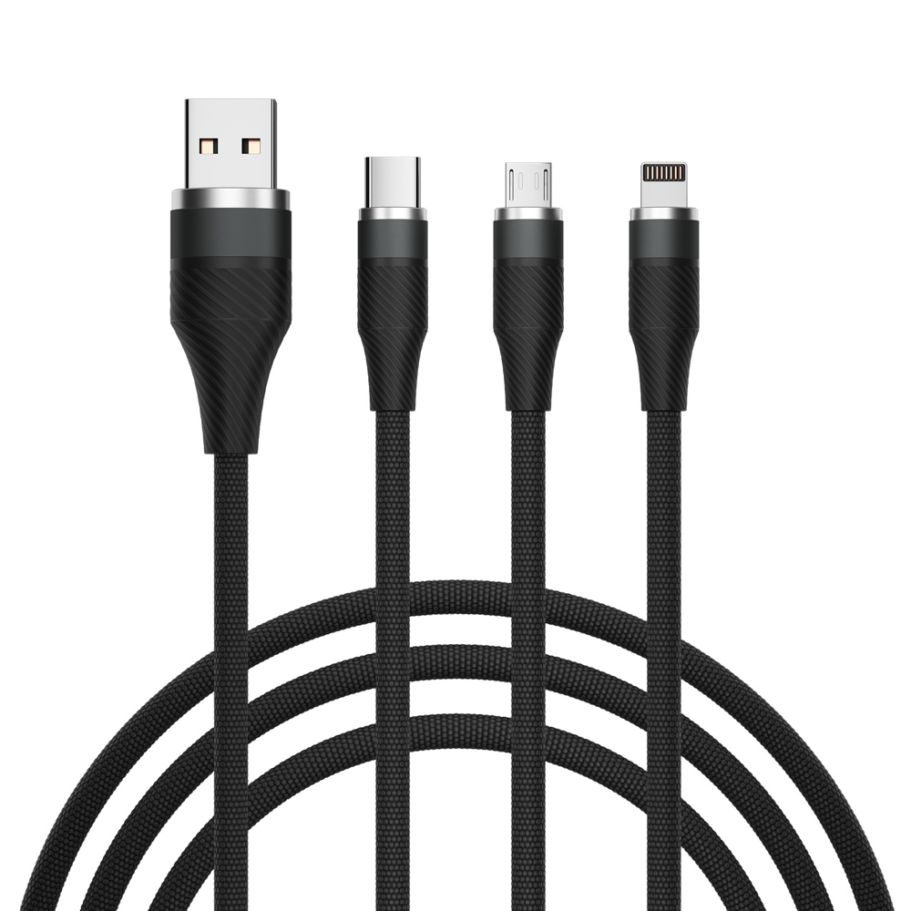 931-289 BY Motorsport Кабель для зарядки 3в1, iP/Micro USB/Type-C, 1.5м, 2.4А, тканевая оплётка, пу